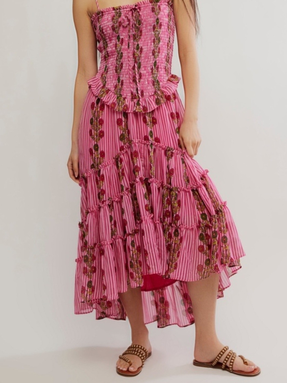 Free People Alejandra Midi Dress L Hot Pink Floral Smocked High Low Boho FP
